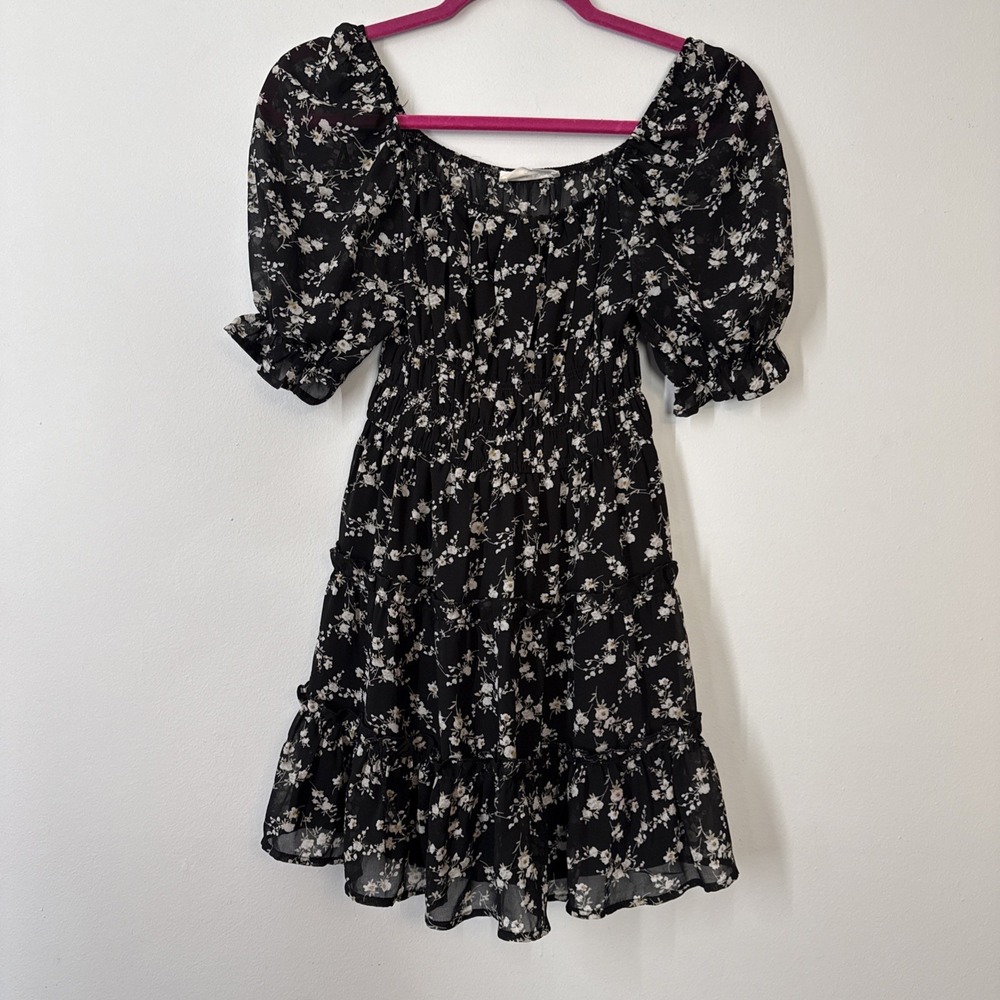 Black Floral Puff Sleeve‎ Fairy Dress Small Whimsigoth Cottagecore Romantic
